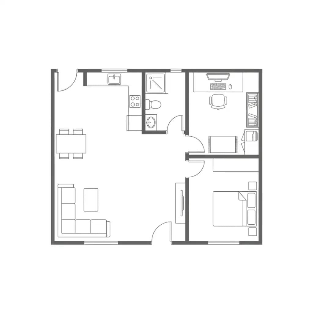 A simple floor plan with a kitchen, bathroom, office, bedroom, and living room